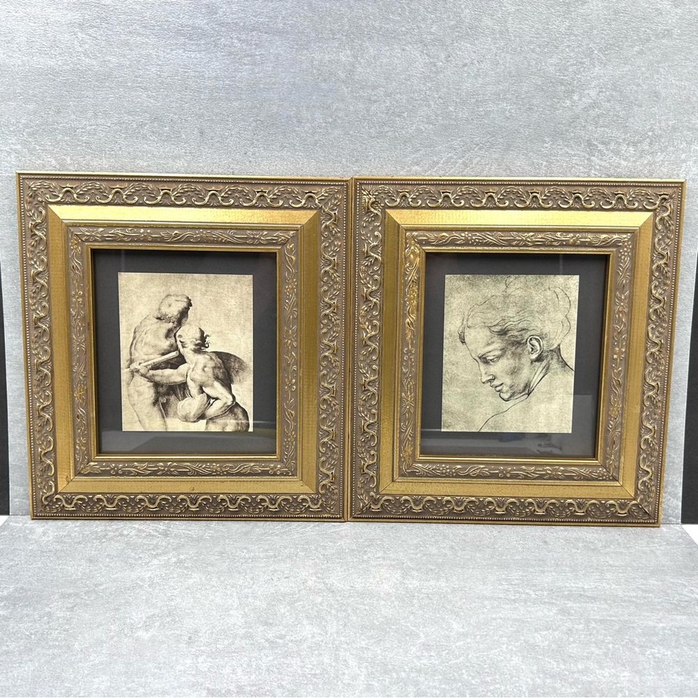 Renaissance Art Prints Black White Sketch Ornate Gold Trim Glass Framed Set Of 2